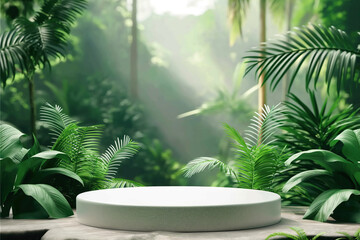 Obraz premium white circle display on green nature jungle, green leaves background, Minimal nature concept for product presentation