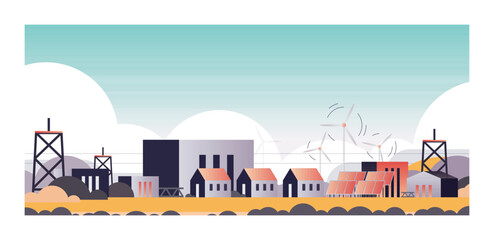 Manufacturing factory industrial zone plant and chimney power station production technology horizontal concept flat vector illustration.	
