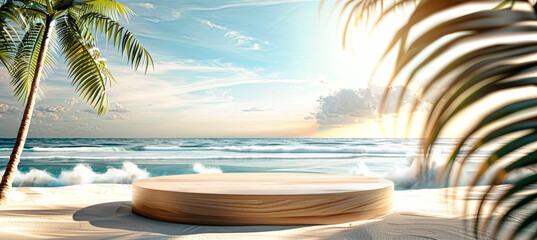 Fototapeta premium A round wooden podium sits on a pristine sandy beach, with a palm tree and the ocean in the background