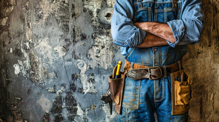 Fototapeta premium A construction worker, clad in denim overalls, stands with arms crossed in front of a textured wall. His tool belt hangs from his hips, ready for whatever task lies ahead