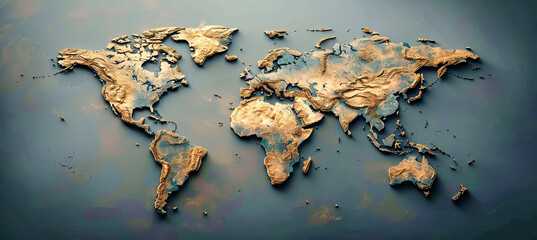 A 3D rendering of a world map with a golden-brown color scheme, highlighting the continents in relief