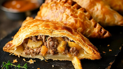 Delicious home baked Cornish pasties with minced meat and vegetables. Traditional specialty of British cuisine