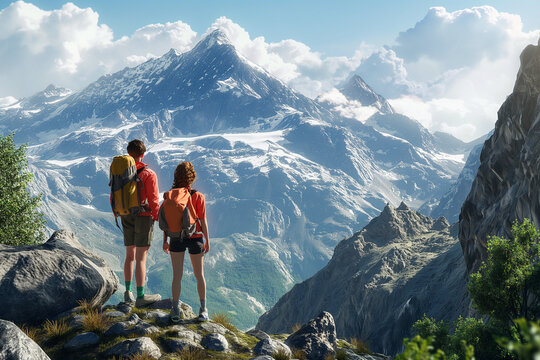 Para młodych ludzi - turyst&oacute;w na szczycie g&oacute;ry, podziwiających piękny g&oacute;rski pejzaż - szczyty g&oacute;r w chmurach i malowniczą dolinę.