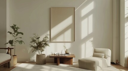 Minimalist Living Room with a Beige Armchair and Plants