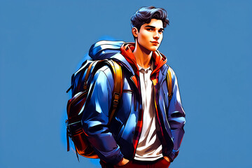 Obraz premium Young man with backpack against blue background