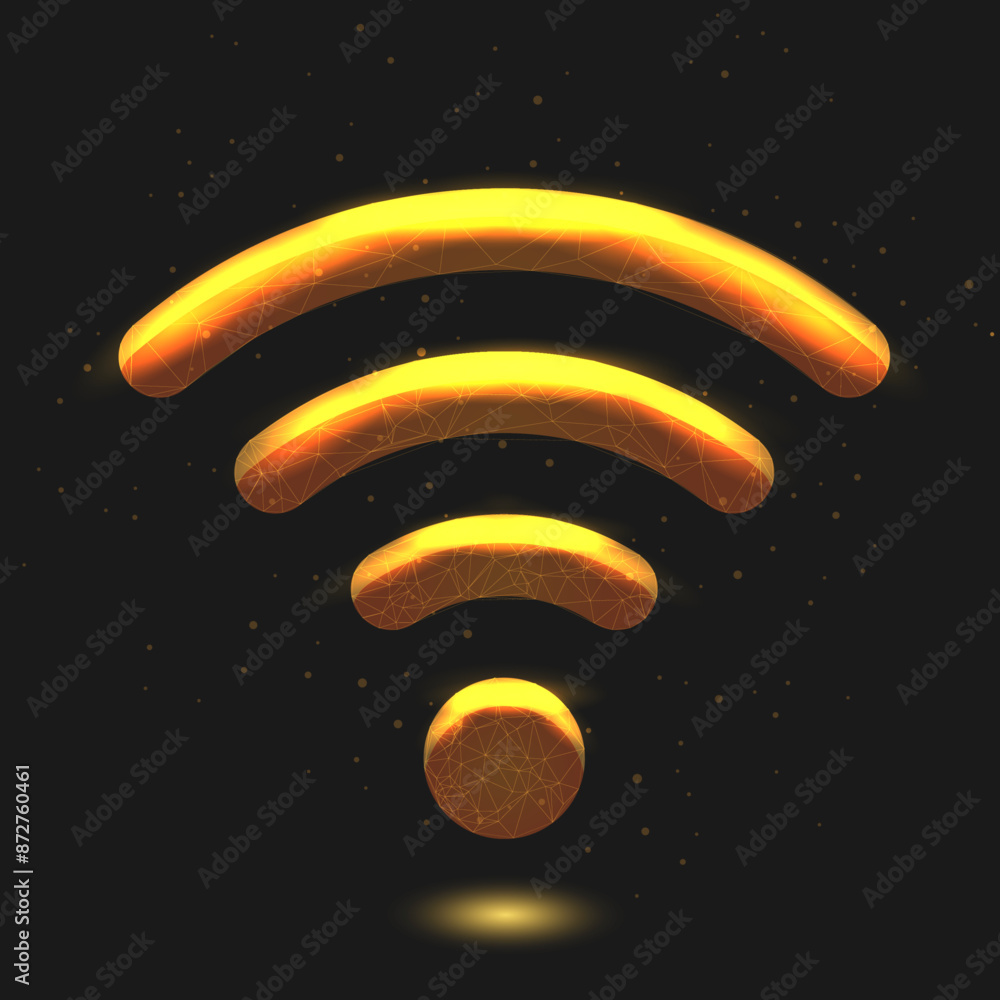 Poster glowing yellow and golden light wi-fi wireless icon. low poly 3d design. wireframe network structure