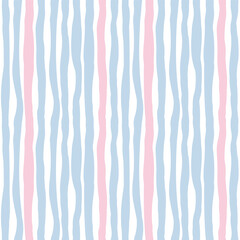 Abstract seamless pattern with colored lines. Simple hand drawn pattern with pink and light-blue vertical lines. Ornament isolated on changeable white background. Square minimalists background.