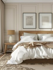 Bedroom interior with empty picture frames