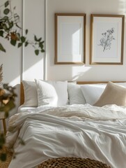 Fototapeta premium Bedroom interior with empty picture frames