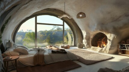 Obraz premium Cozy cave interior in the woods with fireplace