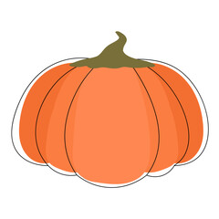 Big wide orange ripe pumpkin in abstract flat style. Minimalistic monochrome pumpkin with decorative contour black lines. Isolated on white. Autumn harvest season. Natural products.