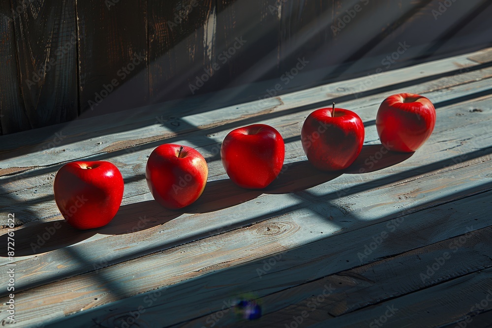 Poster artistic photograph of red apples in a row on a wooden surface symbolizing simplicity and balance