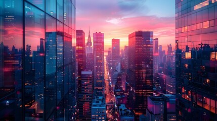 Fototapeta premium Glowing Skyscrapers Skyline at Vibrant Sunset in Bustling Urban Metropolis