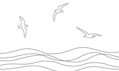 Seagulls fly over the sea. Seascape with waves and seagulls. One line drawing. © sanchesnet1