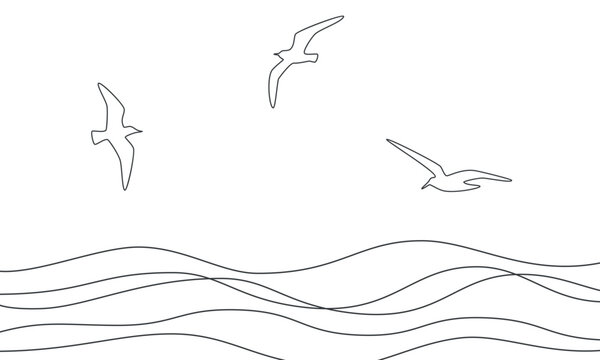 Seagulls fly over the sea. Seascape with waves and seagulls. One line drawing.