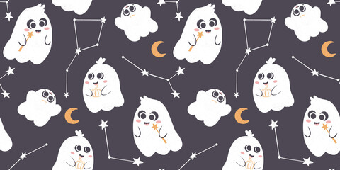 ghosts Pattern, Seamless Halloween pattern, design a family of ghosts, stars, moon,  pumpkins, ideal for children's textiles,  stationery, backpacks, packaging, cute cartoon ghosts, dark background