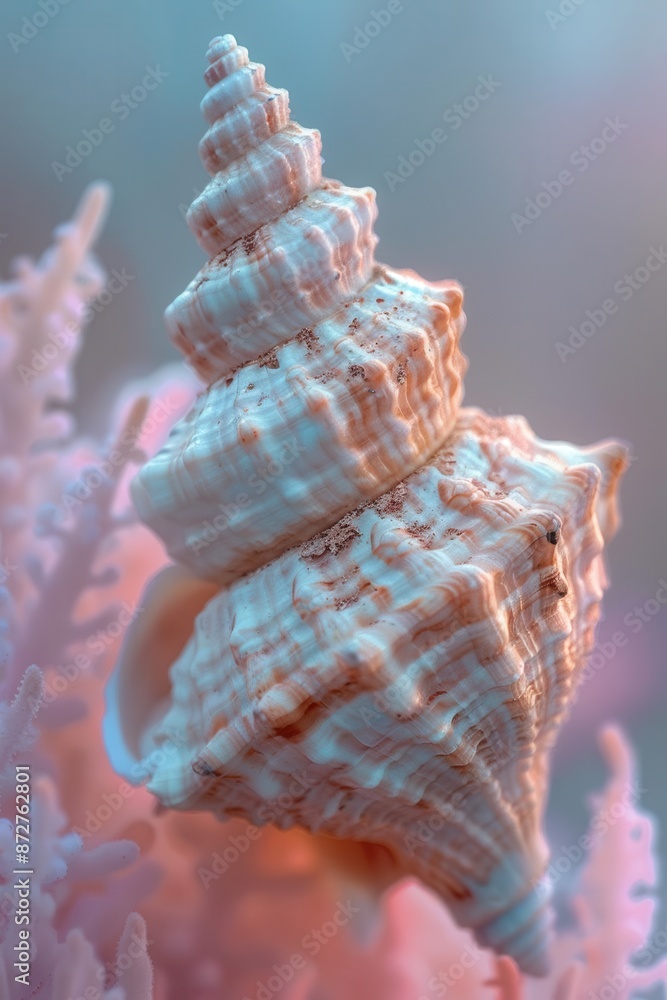 Poster A close-up of a seashell against a soft background, with a whimsical, pastel overlay creating a serene and ethereal atmosphere.