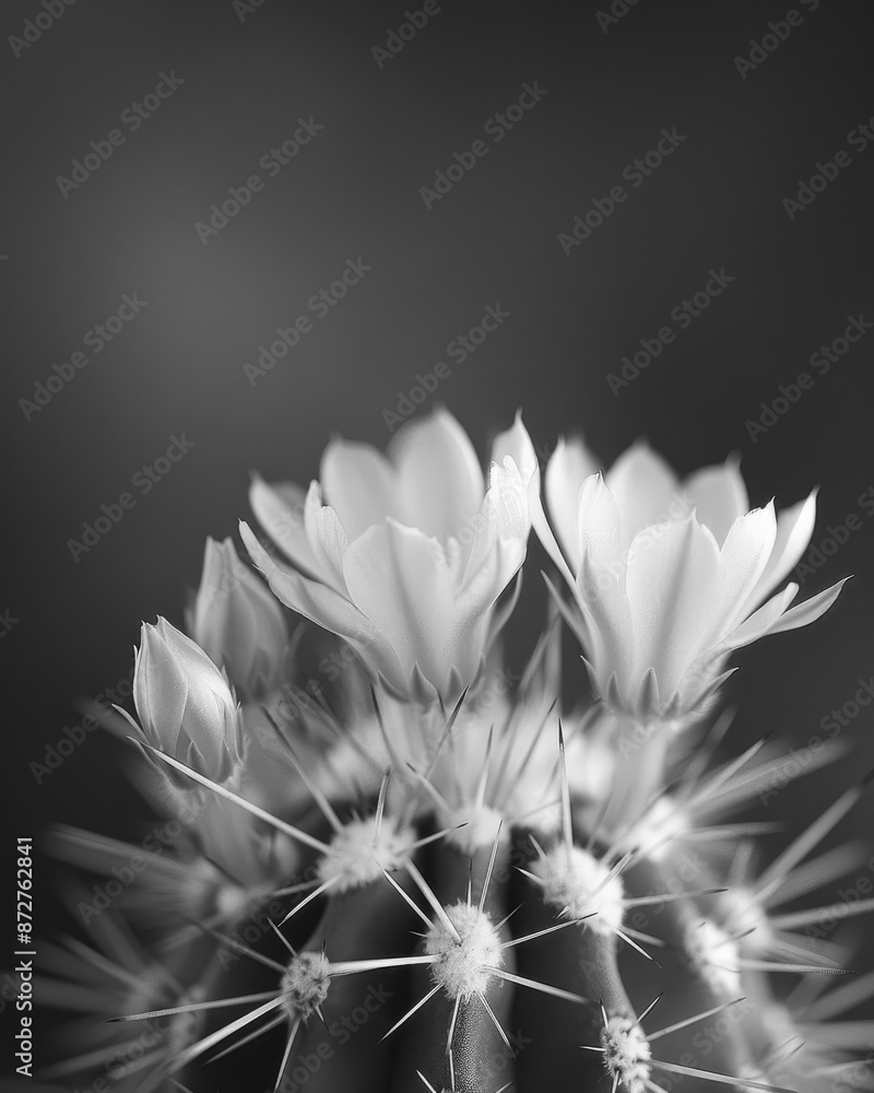 Poster capturing a detailed shot of a cactus adorned with delicate white blooms, set against a dreamy bokeh