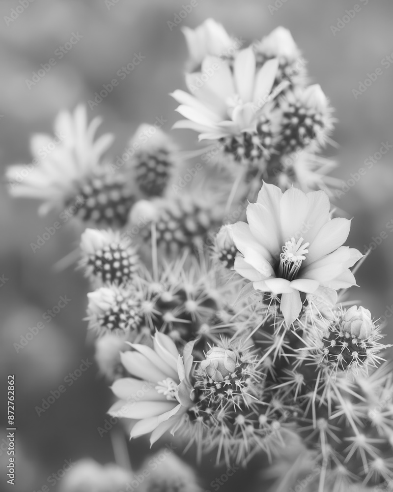 Poster a close-up of a cactus with small white flowers, featuring a soft bokeh effect in the background.