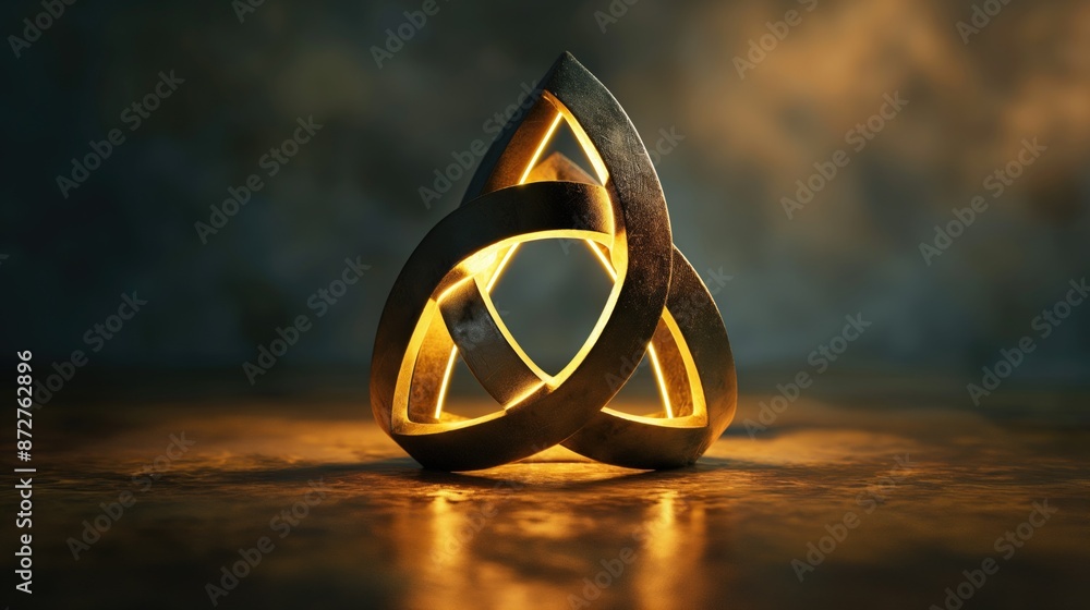 Aufkleber triangular metal structure illuminated by warm lighting on a reflective surface. symbolism, abstract