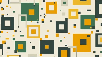 Abstract Geometric Pattern With Green, Yellow, and Black Squares on a Cream Background, retro vintage