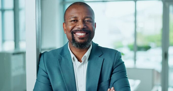 Arms crossed, smile and mature business man in boardroom of office for corporate meeting or planning. Confidence, management and portrait with happy employee in doorway of professional workplace