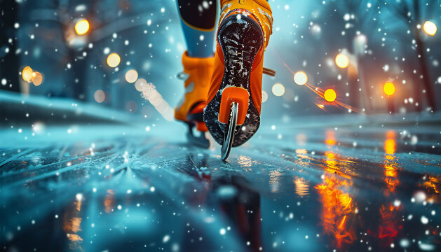Closeup of ice skates on a smooth ice surface in ice skating