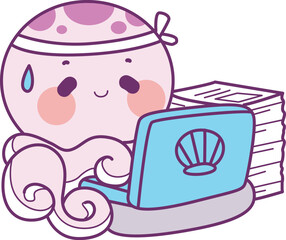 Cute Kawaii Happy Octopus Vector Icon set.
Baby octopus with fish and ship in the sea.
Dreamy and very cute jellyfish swimming in the ocean.