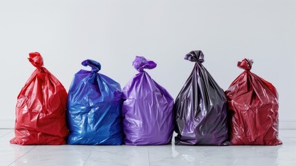 Variety of waste bags on white floor Red black and purple waste bags Garbage bags at hospital Waste management in healthcare Pathogen control principle