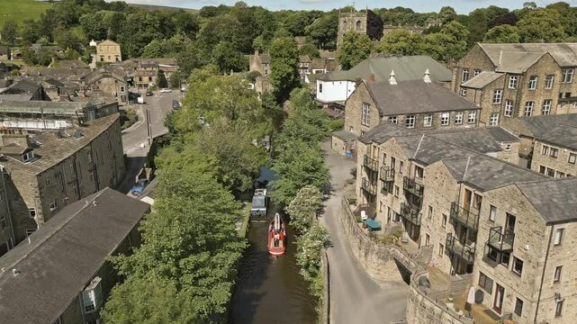 Aerial, Skipton canal and church, North Yorkshire, England