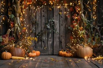 Obraz premium Pumpkins stacked on wooden boards with sparkling lights in the background
