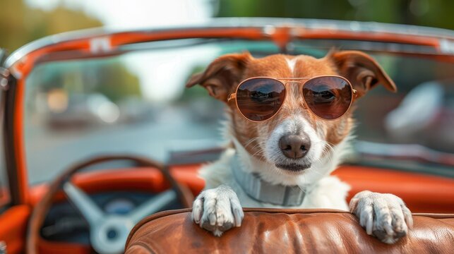 A coolly seated dog in aviator sunglasses exudes a retro vibe in the driver's seat of a vintage car.