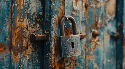 Locked hanging padlock on rusty garage door symbolizes confidential secrets