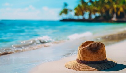 Focus shot of a straw hat on the beach, blurred background, scenic view, nature, beautiful photography