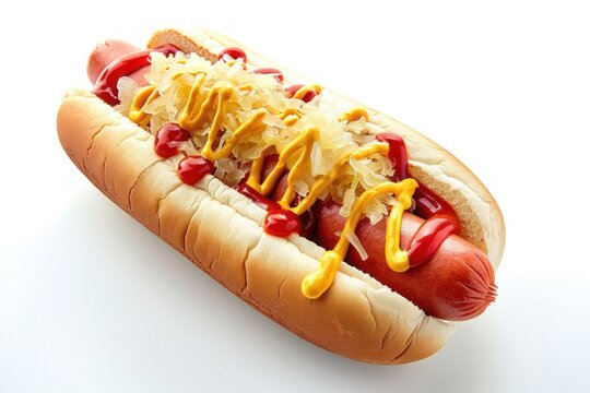 A classic hot dog topped with mustard, ketchup, and sauerkraut. Isolated on pure white background