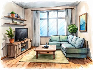 Cozy living room interior with comfortable sofa and coffee table, large window with curtains, and modern TV screen mounted on a stylish wall unit.