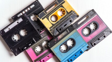 Fototapeta premium Vintage audio cassette tape in 80s and 90s style on white backdrop