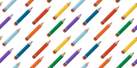 Abstract seamless pattern with colorful kids pencils. Simple flat style pattern for school supplies. Horizontal children's vector ornament isolated on changeable white background.