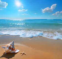 Seashell On Golden Sand Beach With Waves