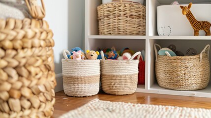 Stylish home storage baskets for organizing toys and dolls in the nursery