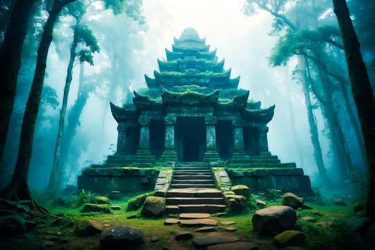 Ancient Temple in Misty Forest - Powered by Adobe