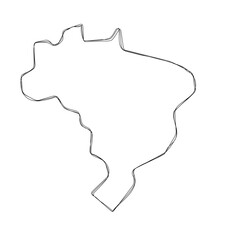 Brazil country simplified map.Thin triple pencil sketch outline isolated on white background. Simple vector icon