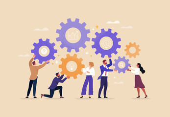 BusinessTeamwork concept. Contemporary flat style abstract vector illustration of a company of diverse people establishing a work process in the form of gears. Isolated on background