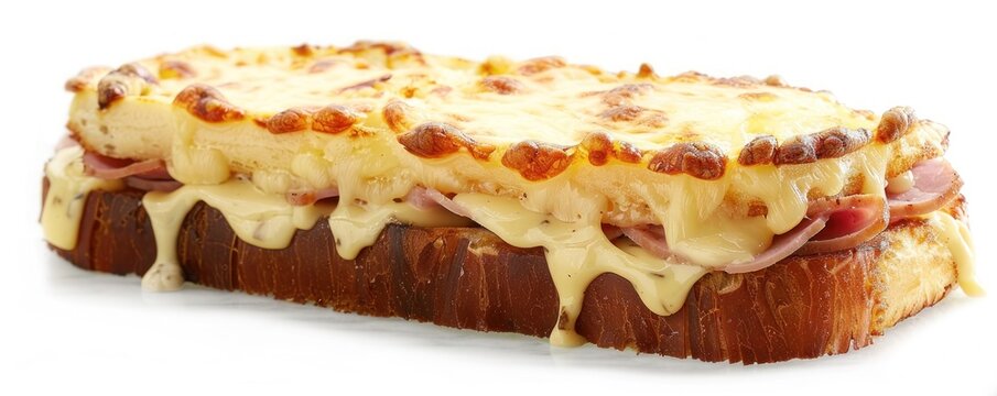 A classic sandwich with ham, cheese, and chamel sauce. Isolated on pure white background