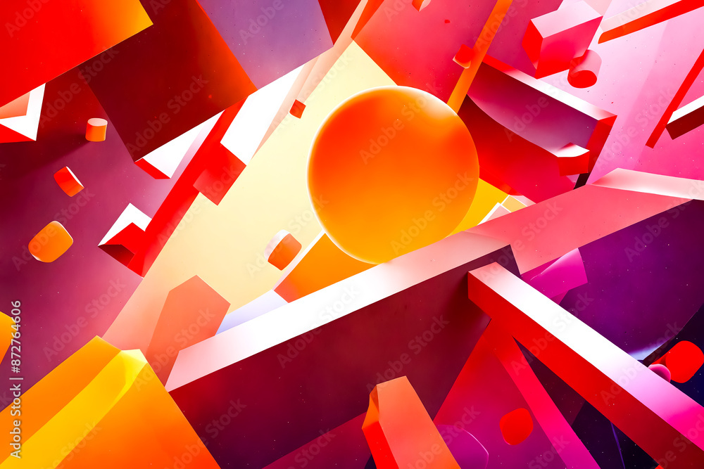 Poster abstract geometric shapes with vibrant colors and a spherical light source