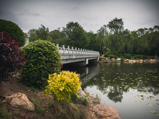 Fototapeta premium Beautiful scenery of the lake on a rainy day, Changchun, China
