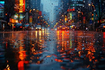 Obraz premium A blurry view of a city street scene through a rain-covered window. Raindrops streak down the glass, obscuring the view of traffic lights, cars, and pedestrians.