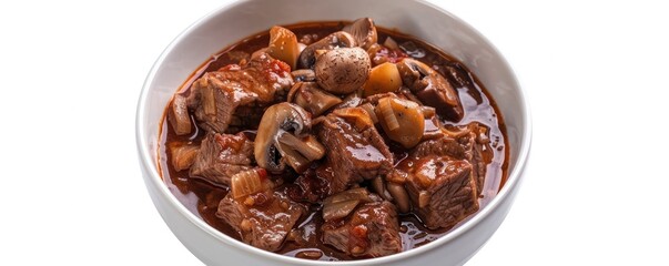 Obraz premium A bowl of rich beef bourguignon with tender beef, mushrooms, and red wine sauce. Isolated on pure white background