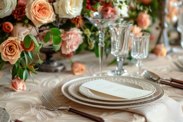 The stunning table setting, decorated with luxurious flowers and shiny cutlery, created a beautiful scene at the wedding reception.