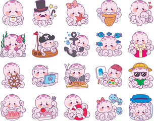 Obraz premium Cute Kawaii Happy Octopus Vector Icon set. Baby octopus with fish and ship in the sea. Dreamy and very cute jellyfish swimming in the ocean.